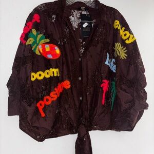 Brown Sheer Button-Up Shirt with Colorful Embroidery